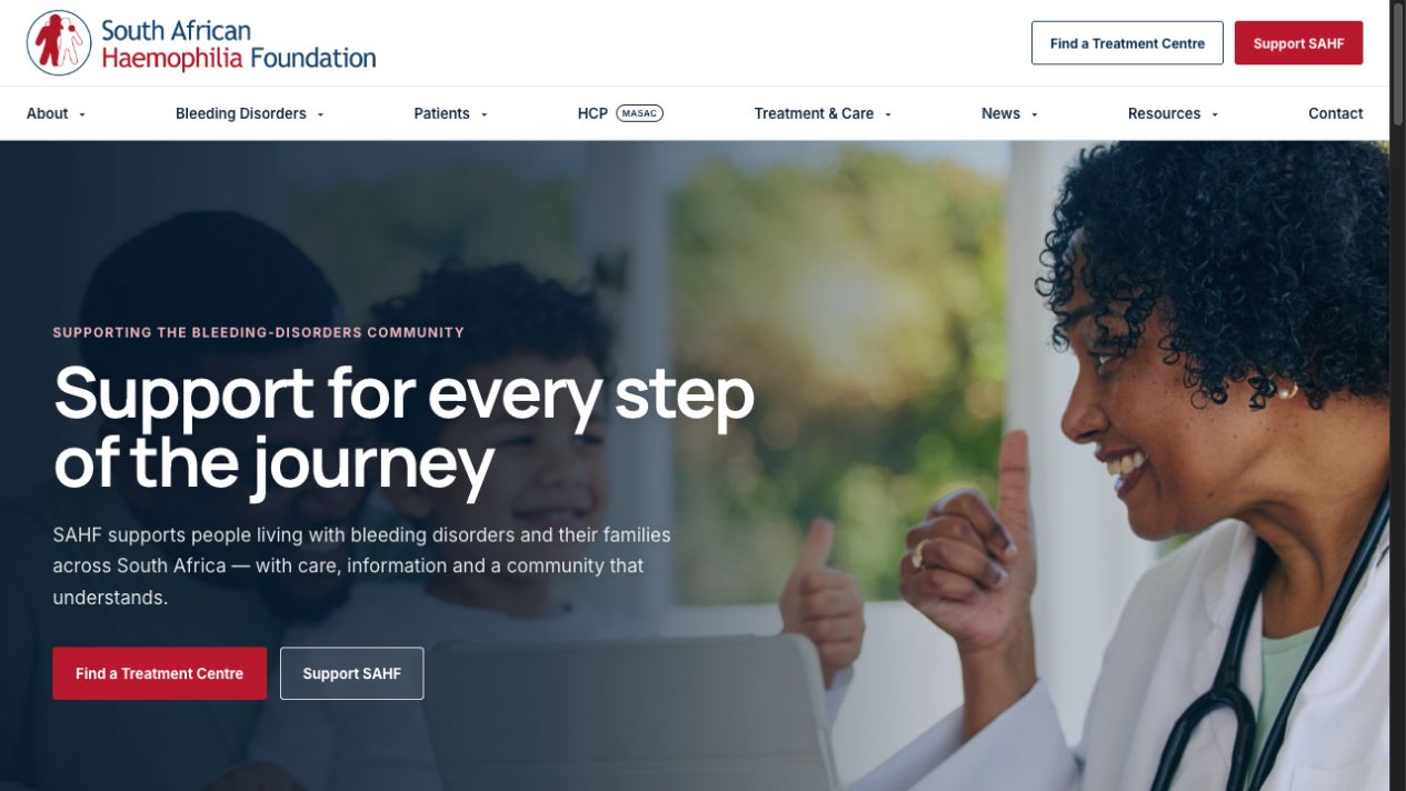 SAHF patient and community website — homepage hero with the headline 'Support for every step of the journey'