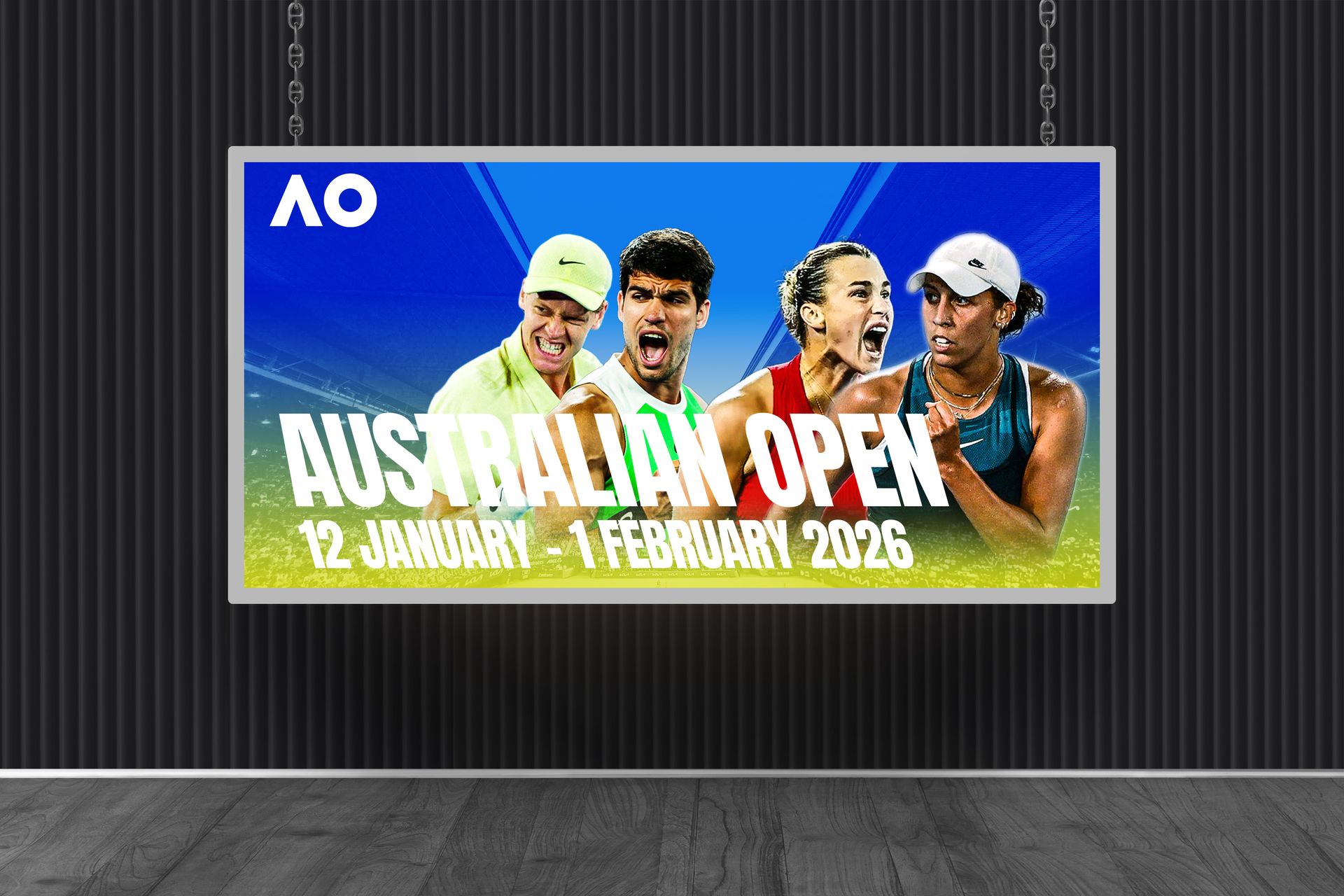 Australian Open 2026 — horizontal hanging billboard showing Sinner, Alcaraz, Sabalenka and Keys with the AO logo and tournament dates 12 January to 1 February 2026