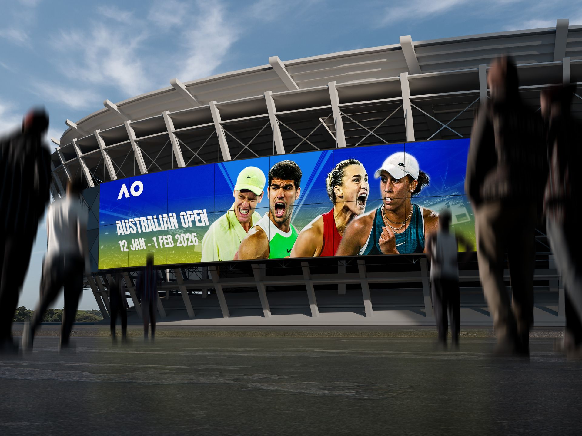Australian Open 2026 — stadium LED screen showing the AO campaign