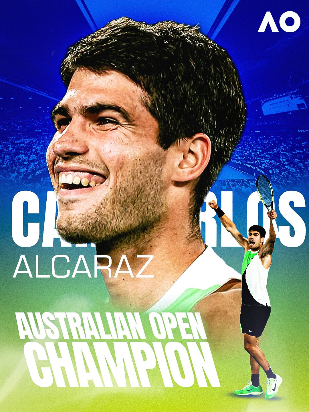 AO 2026 Men's Singles Champion — Carlos Alcaraz, large close-up with full-body celebration inset, text reads Australian Open Champion