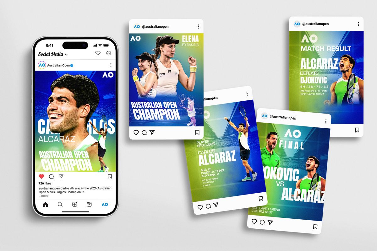 AO 2026 social media content system mockup — iPhone showing the Australian Open Instagram feed with Alcaraz champion post, alongside fanned post cards showing Rybakina champion, player spotlight, match result, and final matchup graphics
