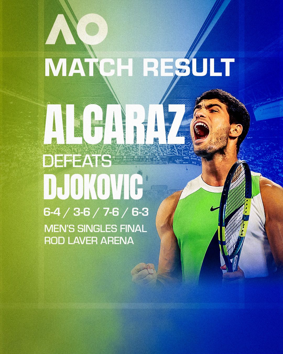 AO 2026 Match Result — Alcaraz defeats Djokovic 6-4 / 3-6 / 7-6 / 6-3, Men's Singles Final, Rod Laver Arena
