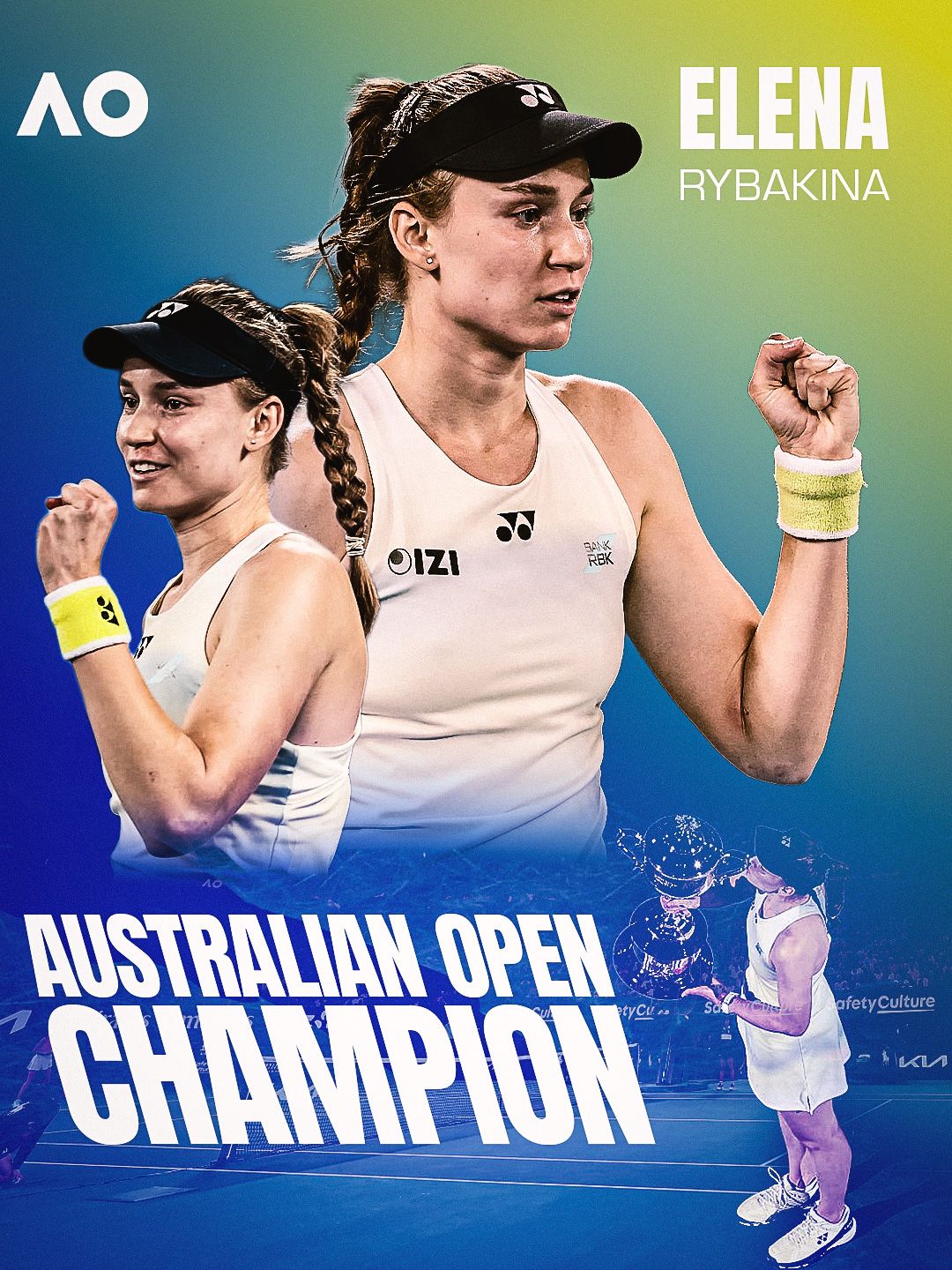 AO 2026 Women's Singles Champion — Elena Rybakina, dual-image composite with trophy celebration inset, text reads Australian Open Champion